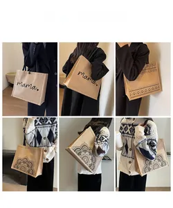 Detailed views of linen tote bags with mama print and bohemian patterns on models