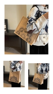 Close-up and lifestyle view of a jute tote bag with a black vintage mandala flower print
