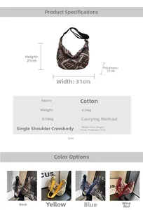 Detail showing high-capacity ethnic geometric fabric dumpling bag with adjustable strap