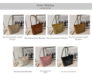 Color palette display of butterfly embroidered PU leather tote bags in seven various shades