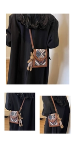Detailed views of a folk-style crossbody bag with geometric patterns and a plush charm