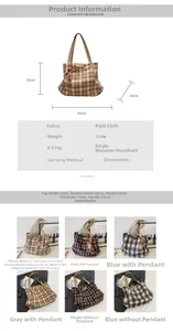 Detailed size chart and multi-color options for large wool plaid tote bag with bear charm