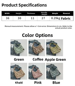 Checkered canvas tote bag size guide with detailed dimensions and multiple color options