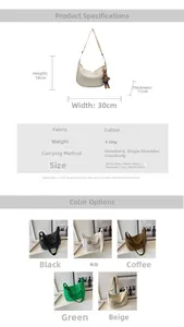 Tableau des tailles et vue multicolore du sac bandoulière en nylon matelassé tendance