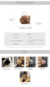 Detailed size chart and multi-color view of plush rabbit shoulder bag with chain strap
