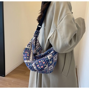 Ethnic style crossbody dumpling bag with colorful geometric jacquard pattern for women