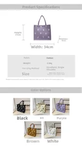 Detailed size guide for large canvas tote bag showing dimensions and five color options