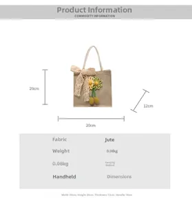 Detailed size specifications of a linen woven tote bag with lace and floral accents