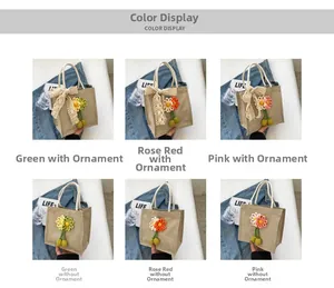 Color options of jute lunch tote bag with floral accents and lace bow decorations