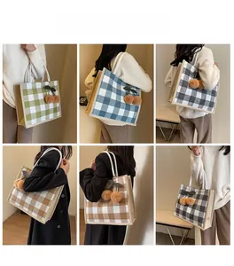 Detail view of large capacity linen tote bags in various plaid colors with cherry charms