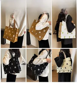 Collage of models wearing large canvas tote bags with typography in various colors