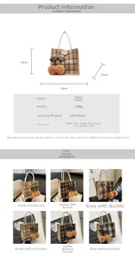 Detail view of small plaid tote bag dimensions 20x19cm with cute cherry pompom charm