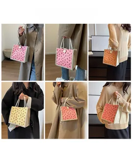 Collage of model carrying corduroy cherry print tote bags in various vibrant colors