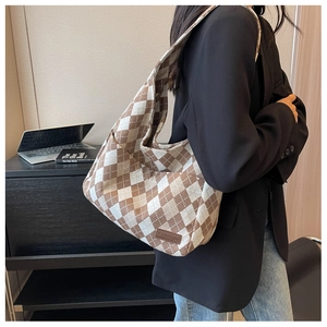 Detail view of checkerboard canvas shoulder bag with fashion leather tag and spacious hobo design