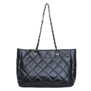 Classic black quilted leather tote bag with silver-tone chain strap for women's daily use