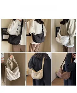 Detailed views of quilted crossbody dumpling bags in black, white, beige, and brown colors