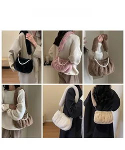 Collage of plush cloud bags in six colors with pearl straps worn by a model
