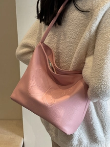 Pink PU leather hobo tote bag with butterfly embossing and wide shoulder strap for women