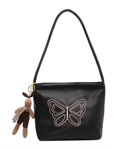 Vintage black tote bag with pink butterfly embroidery and a cute bunny charm