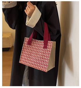 Detail of red and white tweed tote bag with metal buckle and canvas handles on a model