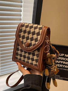 Chic vintage houndstooth crossbody phone bag with cute bunny charm and leather trim