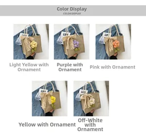 Linen tote bags in five colors with lace bows and flower charms detail display