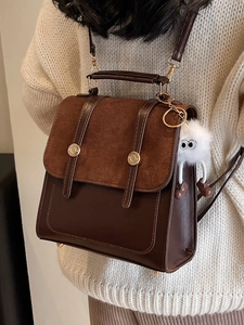 Retro PU Leather Splicing Backpack For Women Premium Preppy Style School Bag Handbag Fashion Travel Backpack With Monster Pendant