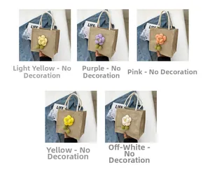 Detailed grid showing mini linen handbags with large floral ornaments in five colors