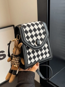 Retro houndstooth crossbody phone bag for women with cute brown rabbit plush charm