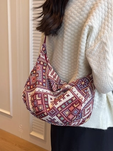 Ethnic bohemian style large shoulder bag with geometric tapestry pattern for women