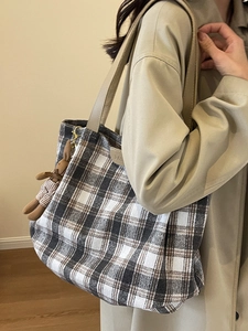 Large plaid wool tote bag with leather handles and a cute bunny charm for autumn winter