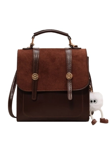 Vintage dark brown leather and suede dual-material backpack with golden buckle and plush charm