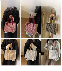 Detail view of woven tote bag textures and various color options on models in use