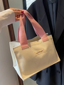 Sac fourre-tout en toile blanc cassé avec poignées roses à grande capacité pour femme