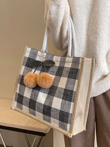 Women Large Capacity Cotton Linen Checkered Tote Bag Grid Shoulder Bag With Cherry Pendant Woven Handle Fashion Commute Bag