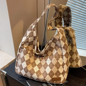 Women Vintage Argyle Canvas Shoulder Bag Large Capacity Checkerboard Tote Bag Casual Underarm Hobo Bag For School Daily Shopping