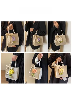 Collage of model holding mini jute tote bags with handmade crochet floral and lace bow details