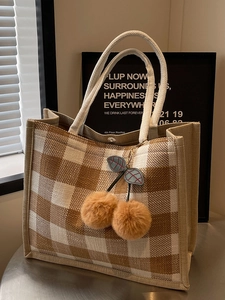Large checkered linen tote bag with cotton rope handles and cute cherry pendant