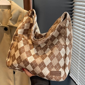 Large checkered canvas tote bag in brown and beige with a stylish FASHION leather label