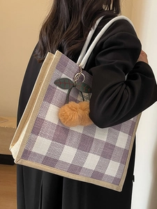 Purple checkered linen tote bag with large capacity and cherry pompom decoration