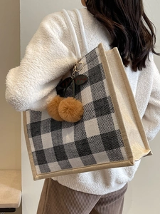 Large checkerboard linen tote bag with jute trim and cherry pendant for daily commute