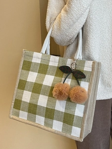 Large linen tote bag with green vichy plaid pattern and plush cherry charm decoration