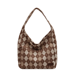 Classic brown checkered canvas tote bag with a minimalist large capacity shoulder design
