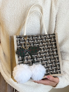 Retro plaid woven tote bag with white plush cherry charm and rope handle for autumn