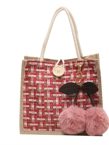 Handmade red and white plaid woven tote bag with cotton rope handles and cherry pendant