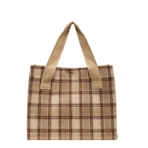 Sac fourre-tout à carreaux marron avec poignées tressées et boucle en métal doré chic