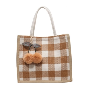 Large waffle pattern tote bag for women featuring a cherry bag charm and woven straps