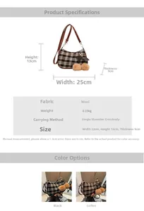 Detail view of plaid wool shoulder bag with plush ball charms and size dimensions