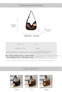Detailed size chart and color comparison for retro PU leather hobo bag with plush charm