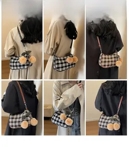 Collage of model wearing checkerboard crossbody bag with plush ball charms and metal zipper